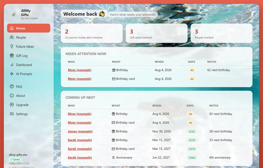 The AllMy Gifts home screen, showing occasions that need attention and what is coming up next.