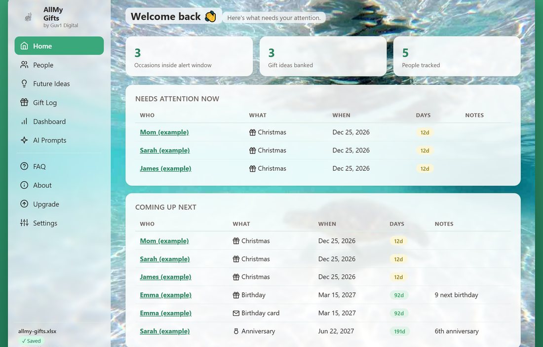 AllMy Gifts showing a holiday gift list for several people with dates and days remaining.